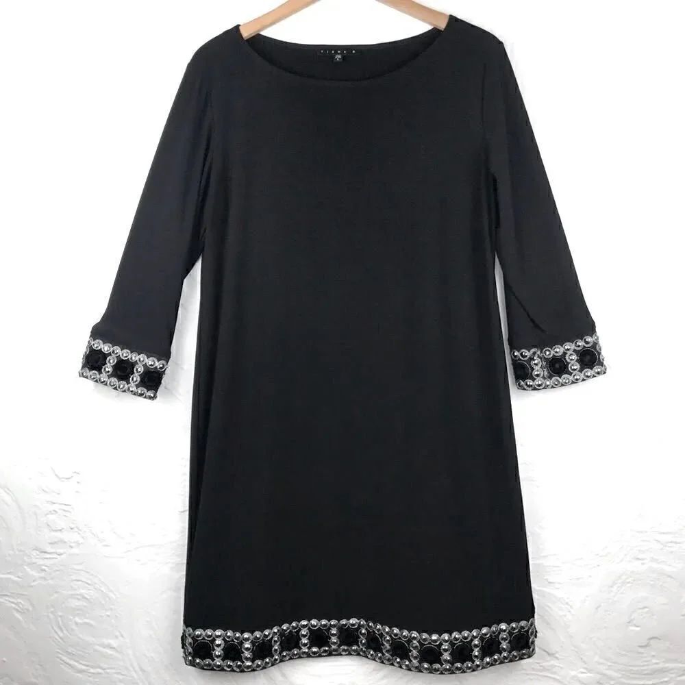 Tiana B Black Dress-Silver Beaded Medallion Trim Retro Style Shift Dress
